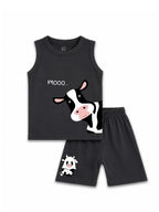 Kids Charcoal Grey Cow Print Sleeveless Lounge Wear