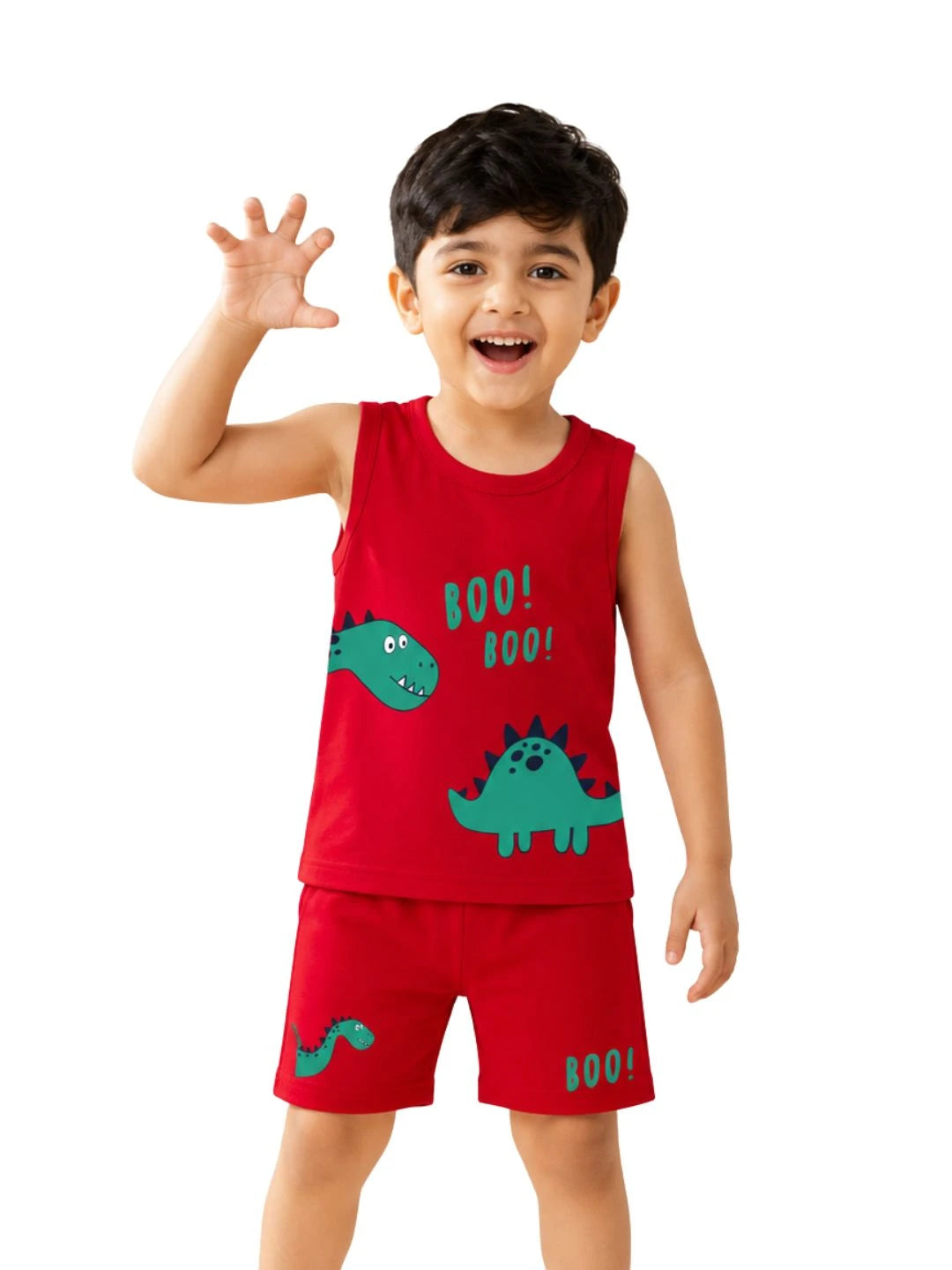 Kids Red Dinosaur Print Sleeveless Lounge Wear Set