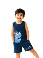 Kids Navy Blue Dino Print Sleeveless Lounge Wear