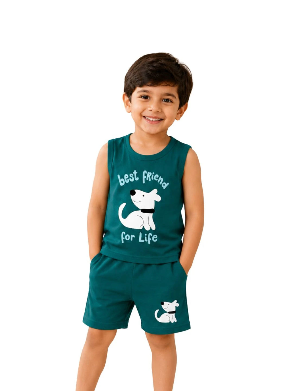 Kids Teal Green Puppy Print Sleeveless Lounge Wear
