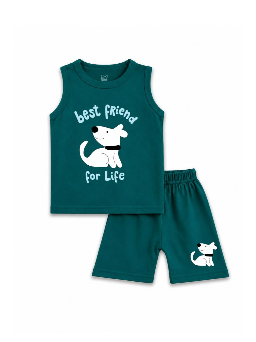Kids Teal Green Puppy Print Sleeveless Lounge Wear