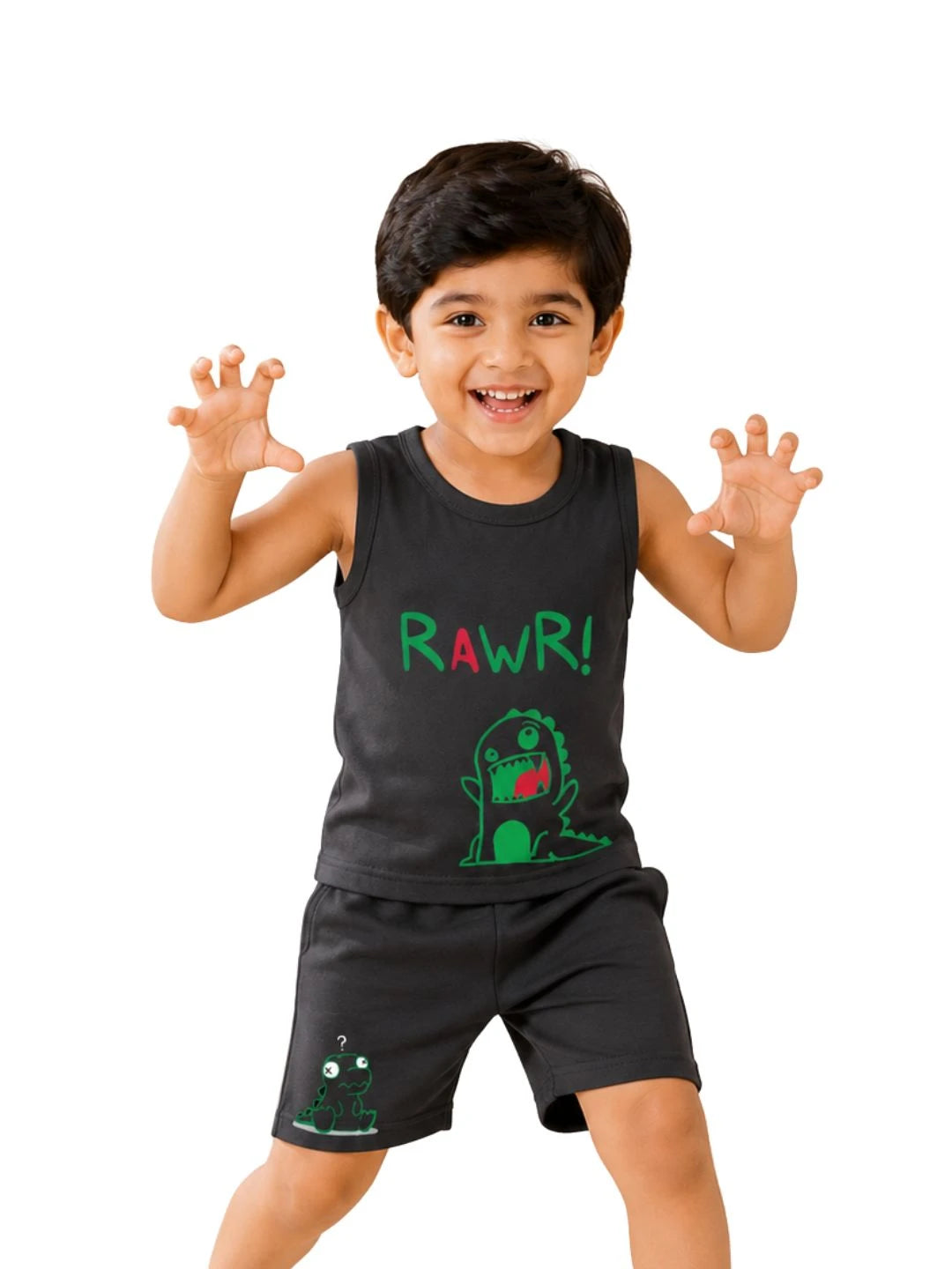 Kids Charcoal Grey Dinosaur Print Sleeveless Lounge Wear