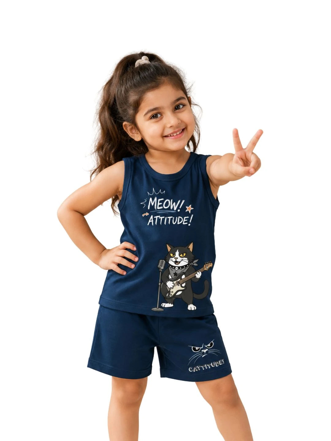 Kids Navy Blue Rock Cat Print Sleeveless Lounge Wear