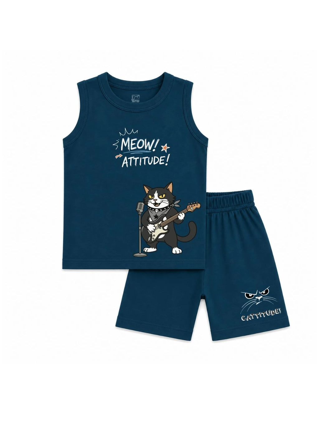 Kids Navy Blue Rock Cat Print Sleeveless Lounge Wear