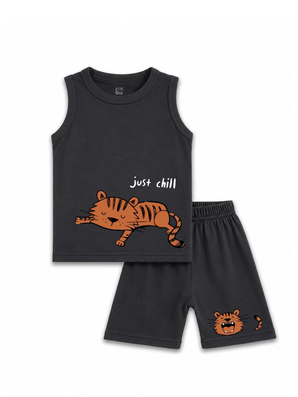 Kids Charcoal Grey Tiger Print Sleeveless Lounge Wear