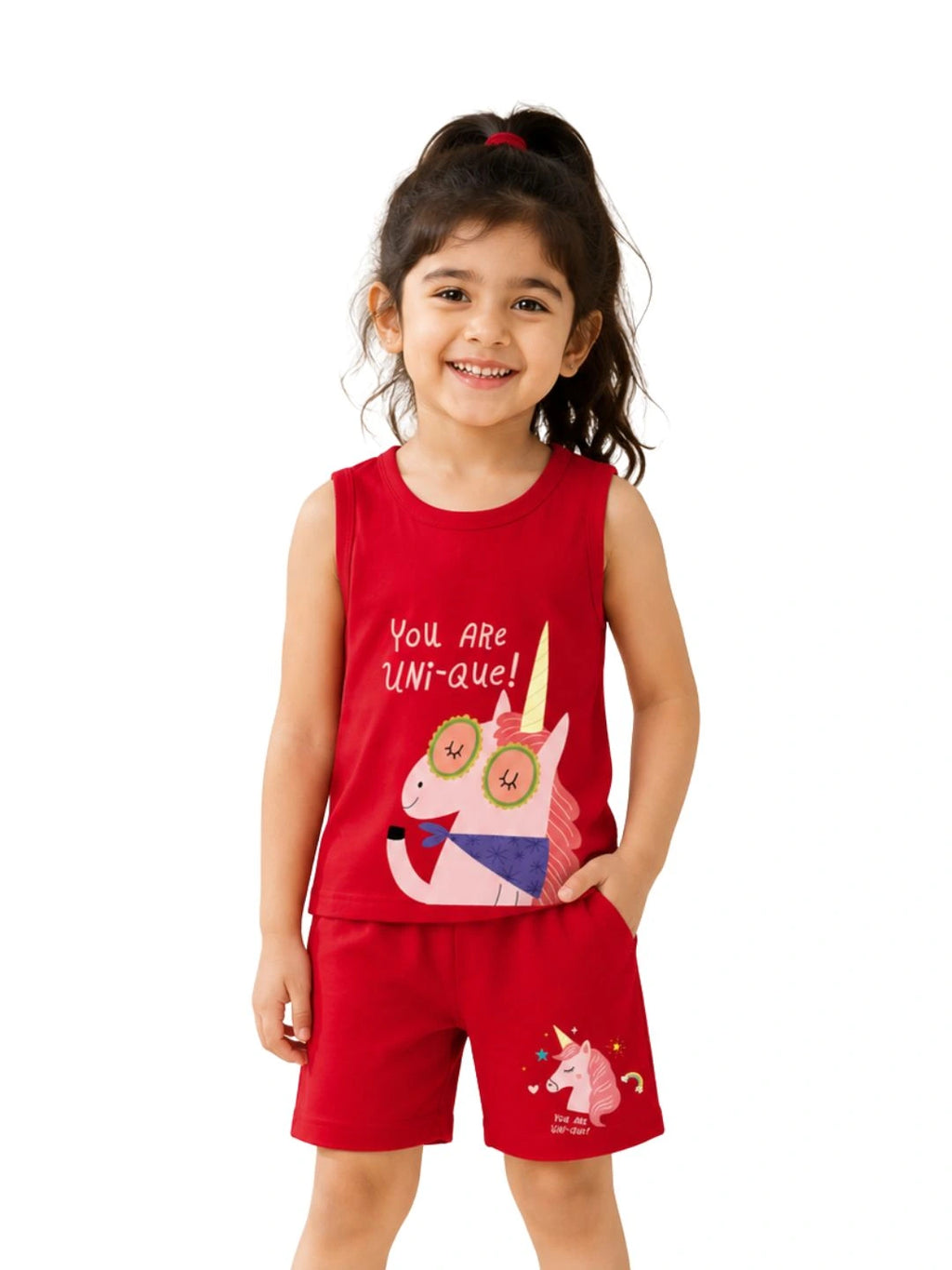 Kids Red Unicorn Print Sleeveless Lounge Wear