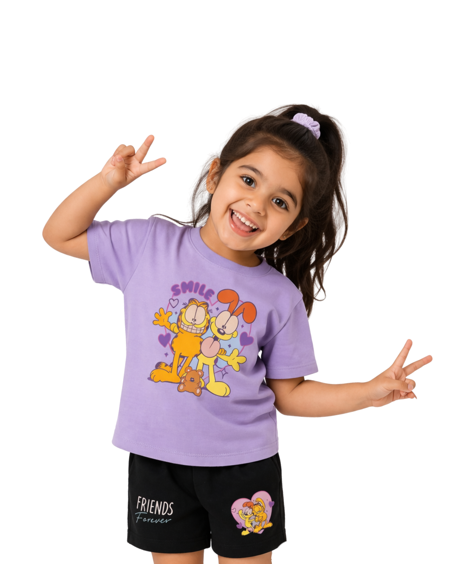 Lavender “Smile Friends Forever” Garfield Kids T- Shirt and Shorts Set
