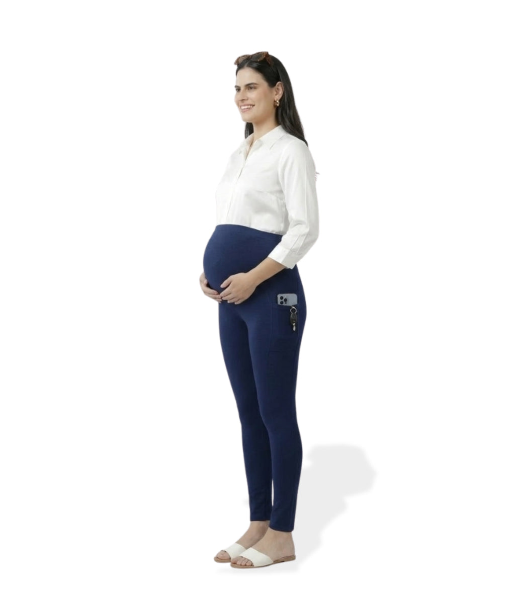 Navy Blue Over Belly Maternity Leggings with Pocket