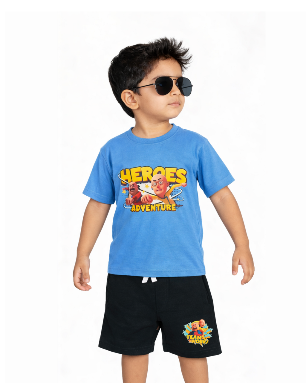 Sky Blue “Heroes Adventure” Motu Patlu Kids T- Shirt and Shorts Set