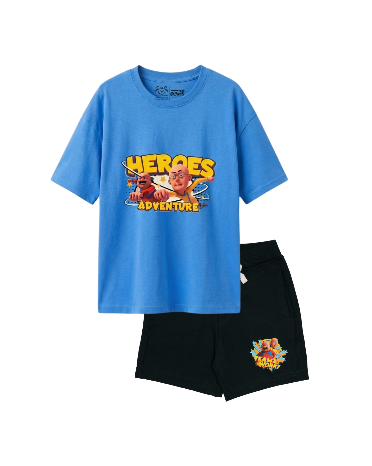 Sky Blue “Heroes Adventure” Motu Patlu Kids T- Shirt and Shorts Set