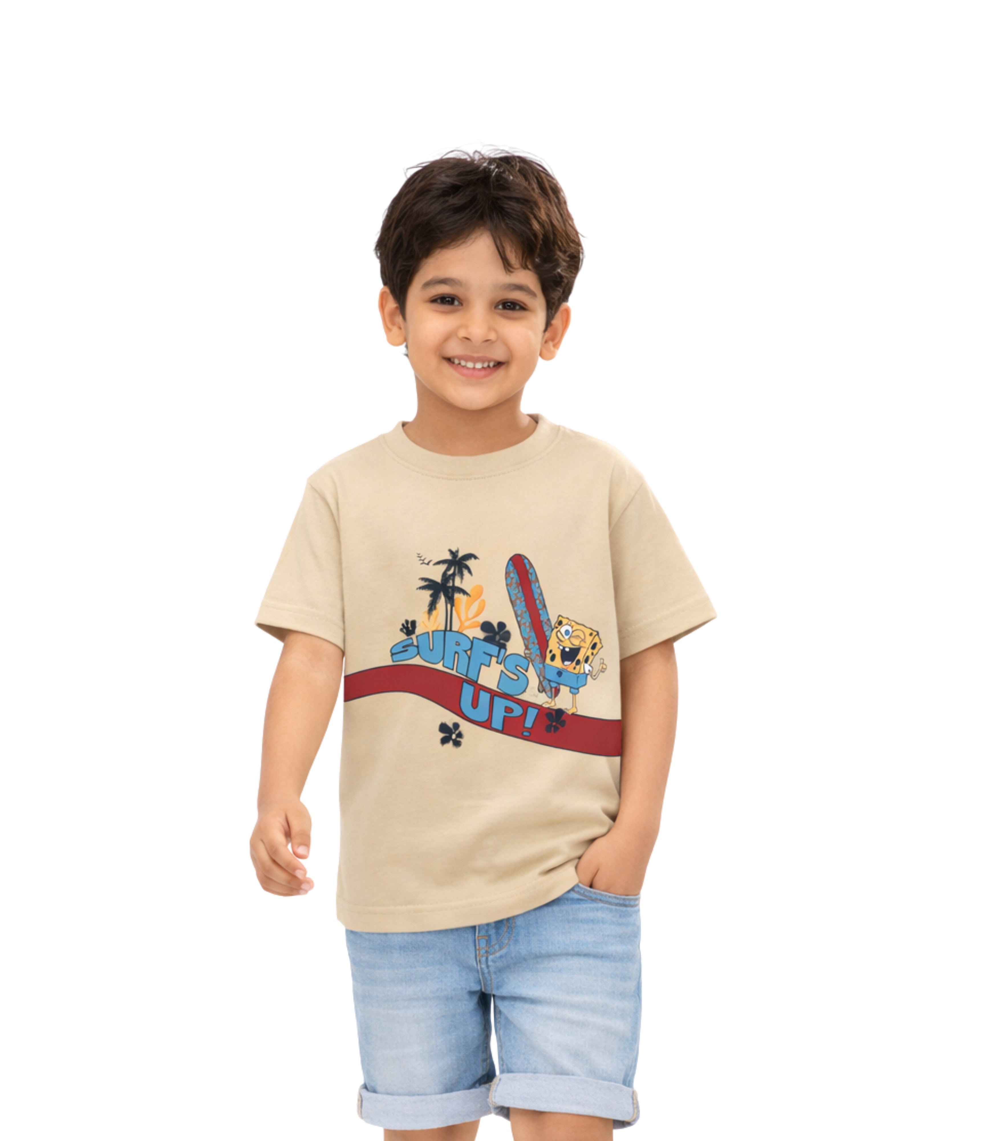 SpongeBob Beige Cartoon Graphic T-Shirt