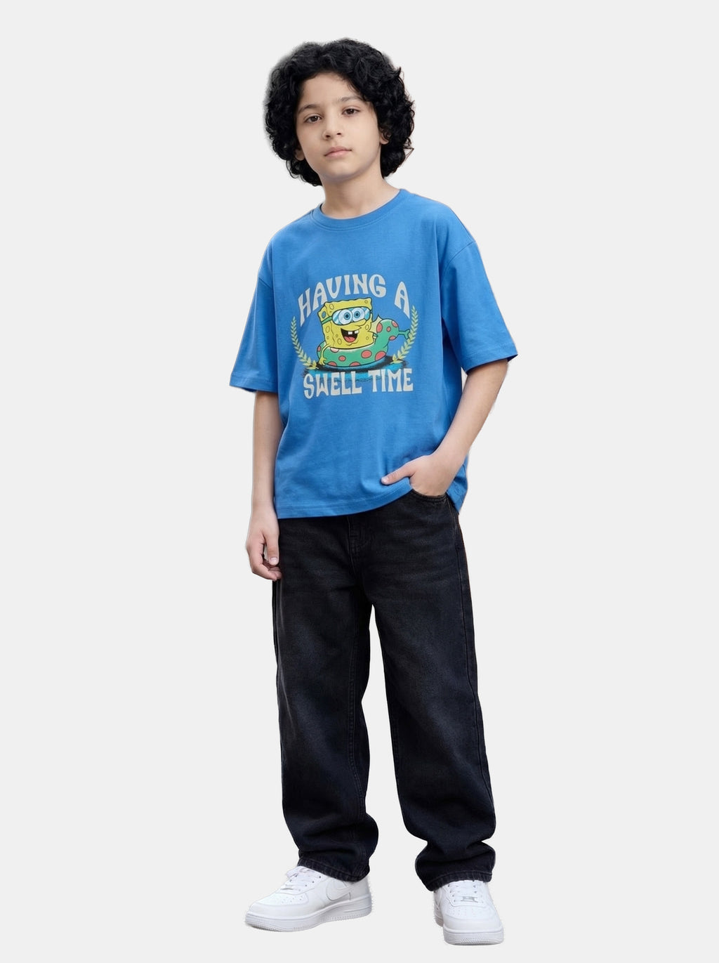 SpongeBob “Having a Swell Time” Cartoon Print Kids T-Shirt