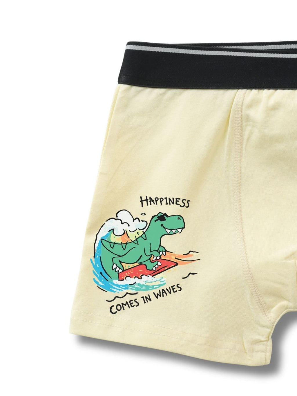 Cream Beige Surfing Dinosaur Happiness in Waves Boys Trunks