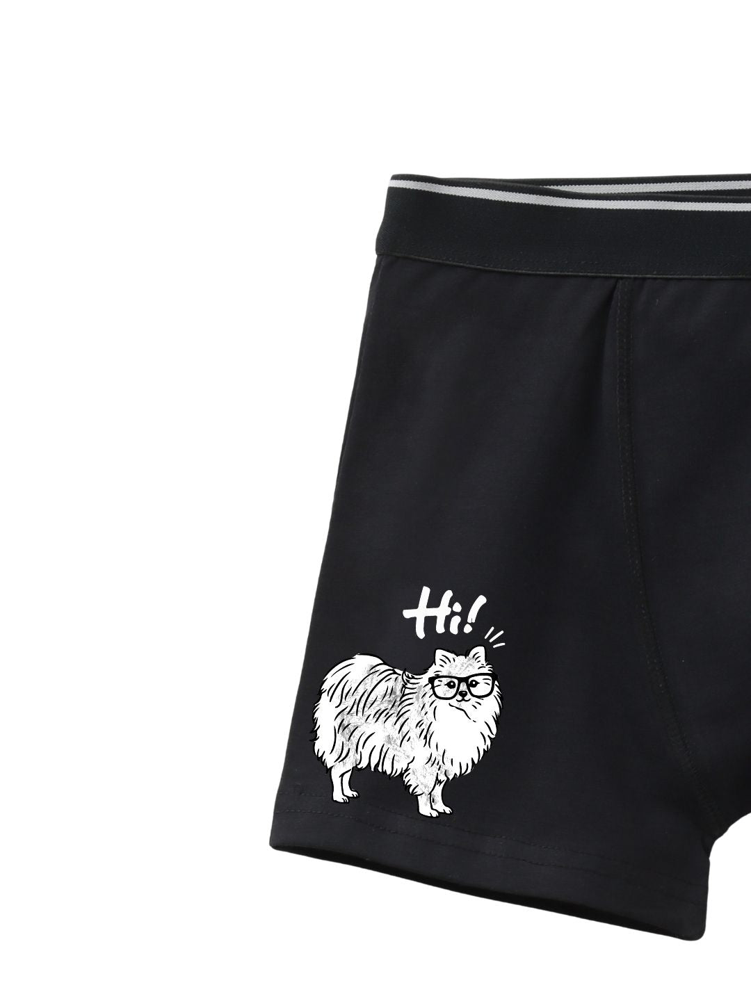 Navy Blue Cute Fluffy Dog Saying Hi Boys Trunks