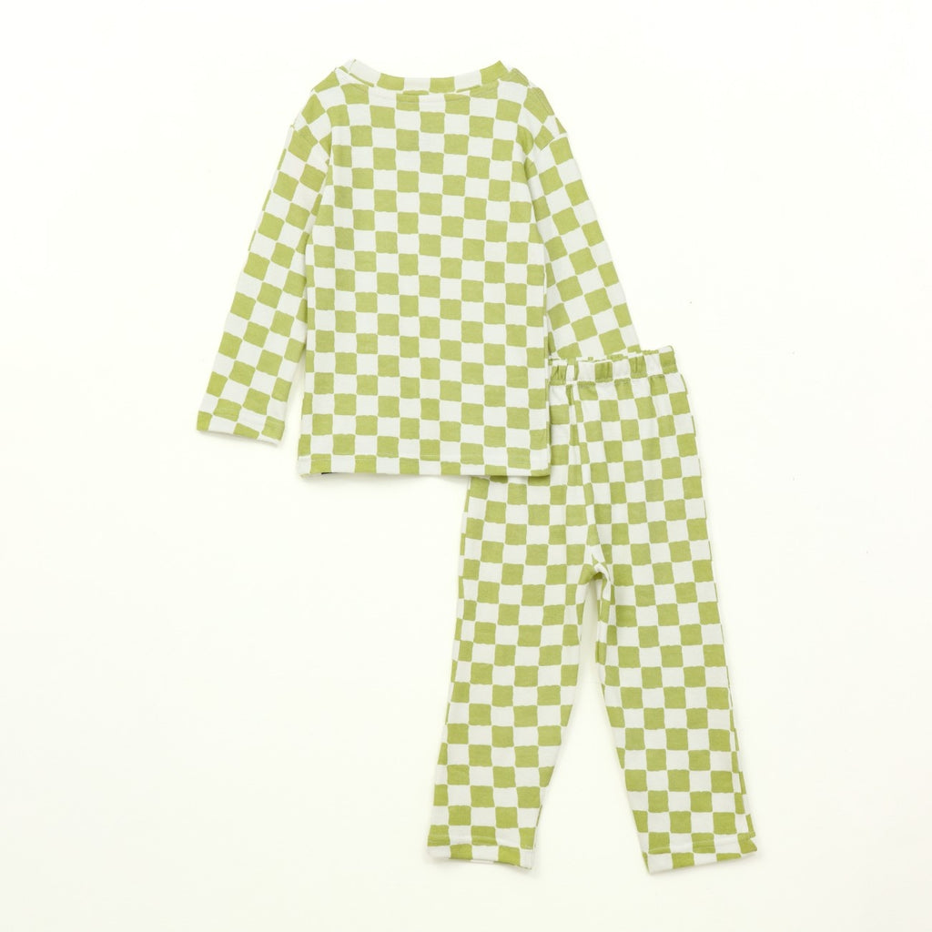 Sage Green Checkerboard Kids Full Sleeve T-Shirt & Pyjama Set