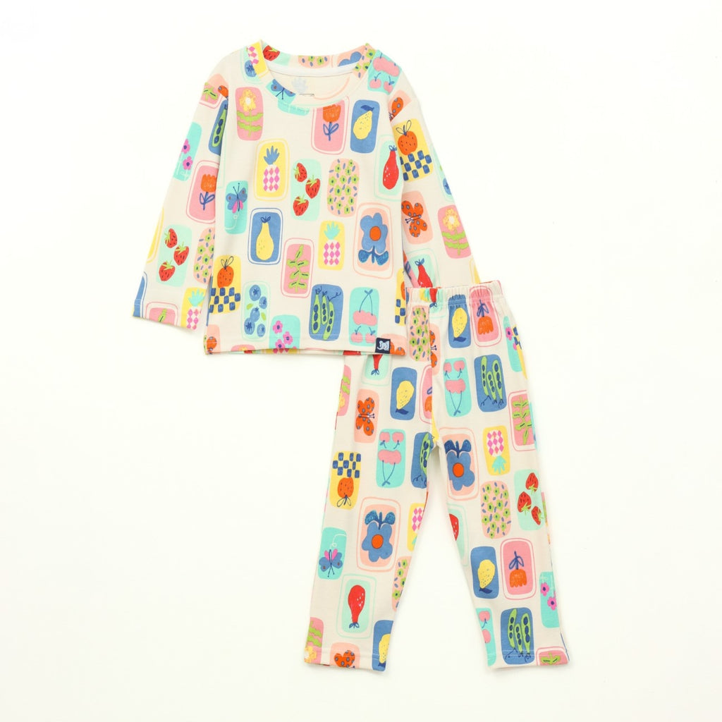 Pastel Fruit Print Kids Full Sleeve T-Shirt & Pyjama Set