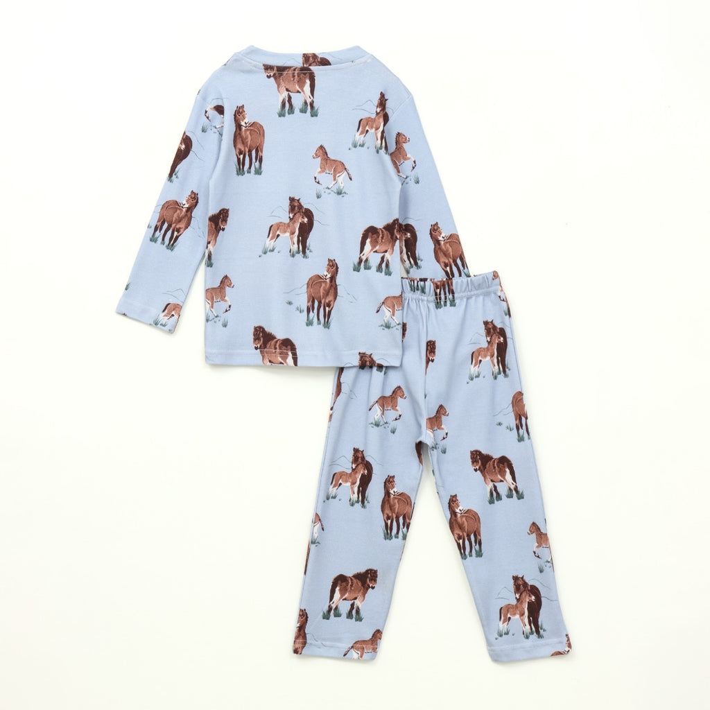 Blue Wild Horse Print Kids Full Sleeve T-Shirt & Pyjama Set