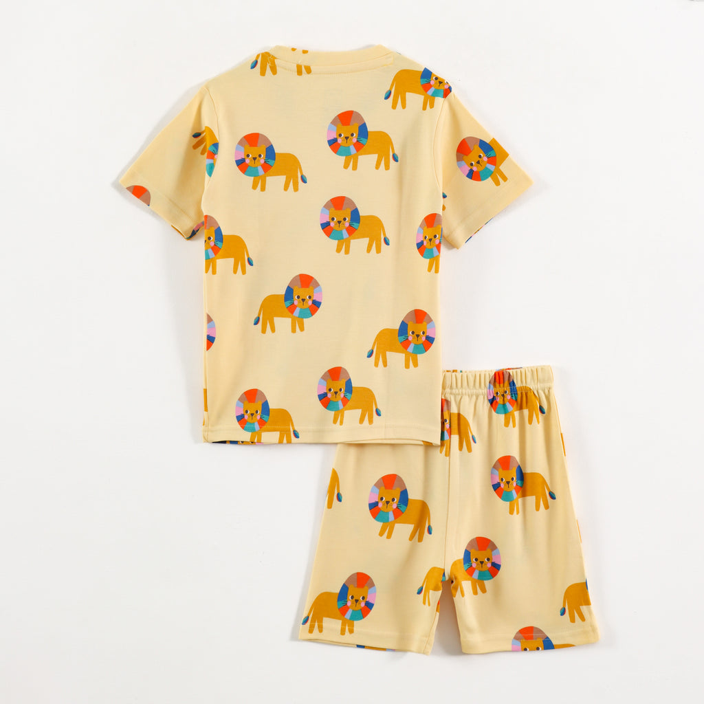 Pastel Yellow Safari Lion Print Kids Co-Ord Set