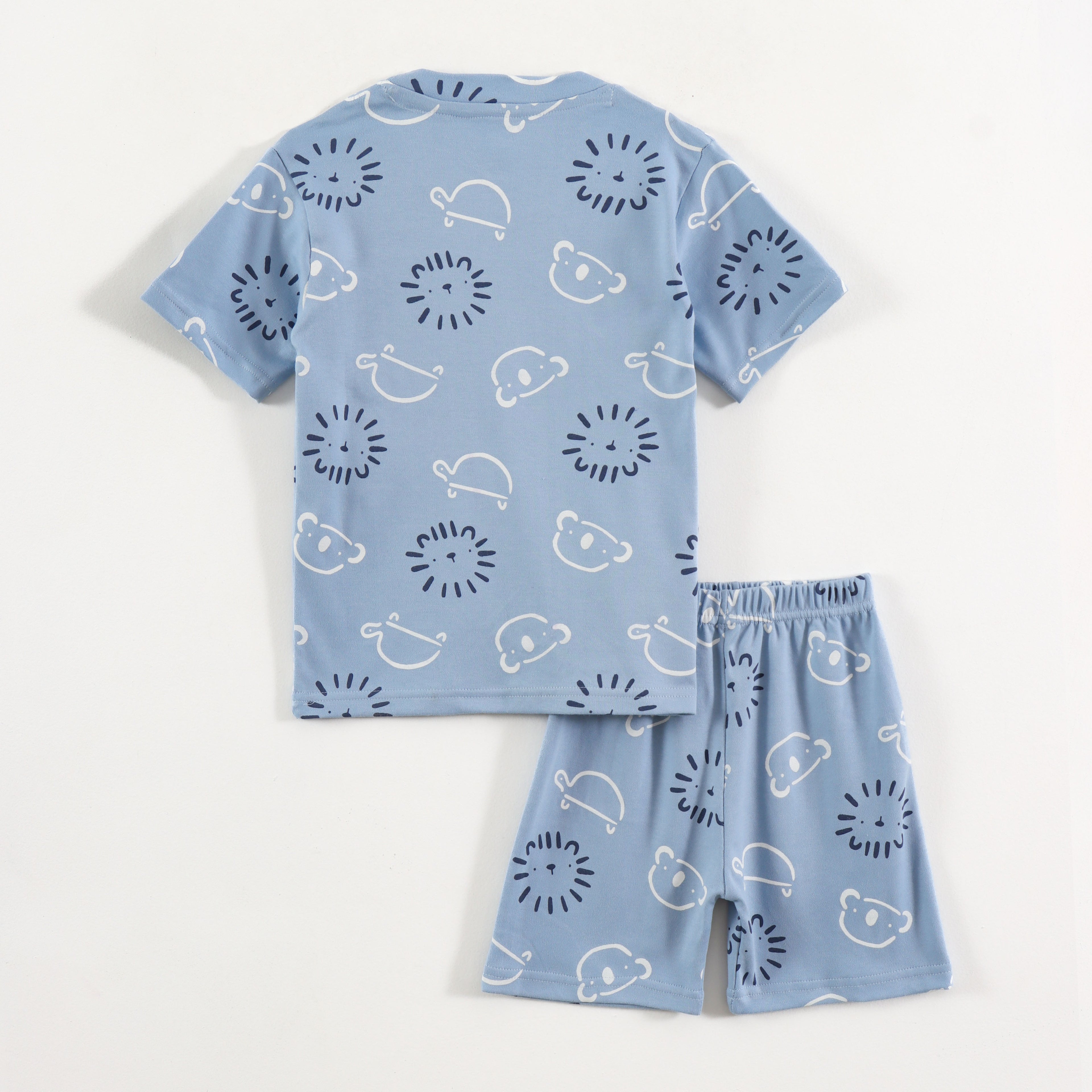 Sky Blue Bear & Lion Face Print Kids Co-Ord Set
