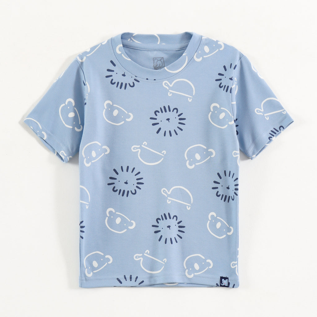 Sky Blue Bear & Lion Face Print Kids Co-Ord Set