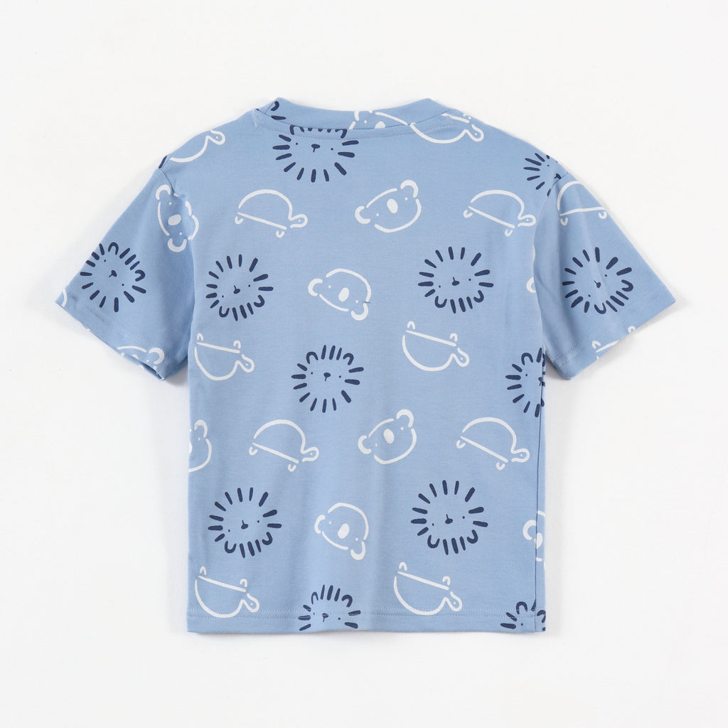 Sky Blue Bear & Lion Face Print Kids Co-Ord Set