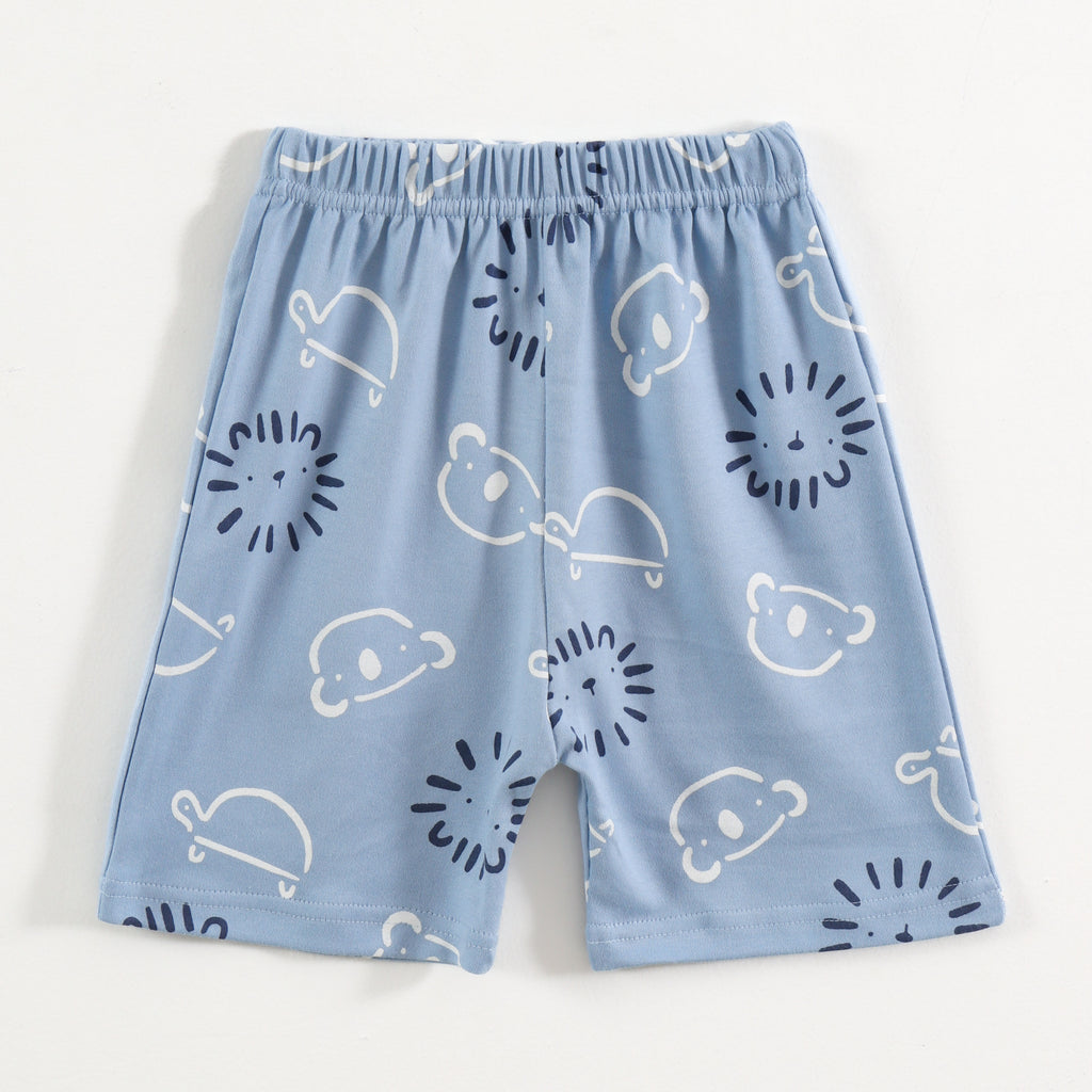 Sky Blue Bear & Lion Face Print Kids Co-Ord Set