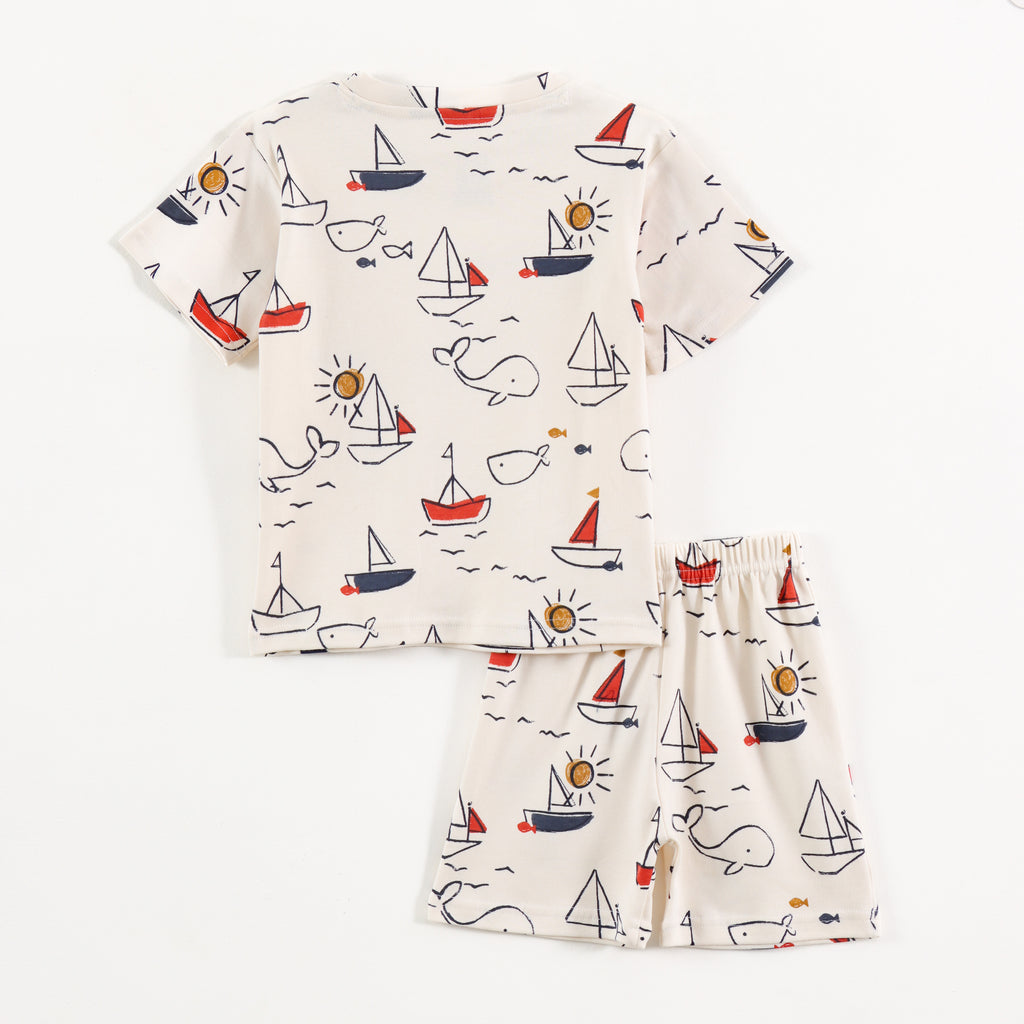 Off White Whale & Sail Boat Print Kids Co-Ord Set
