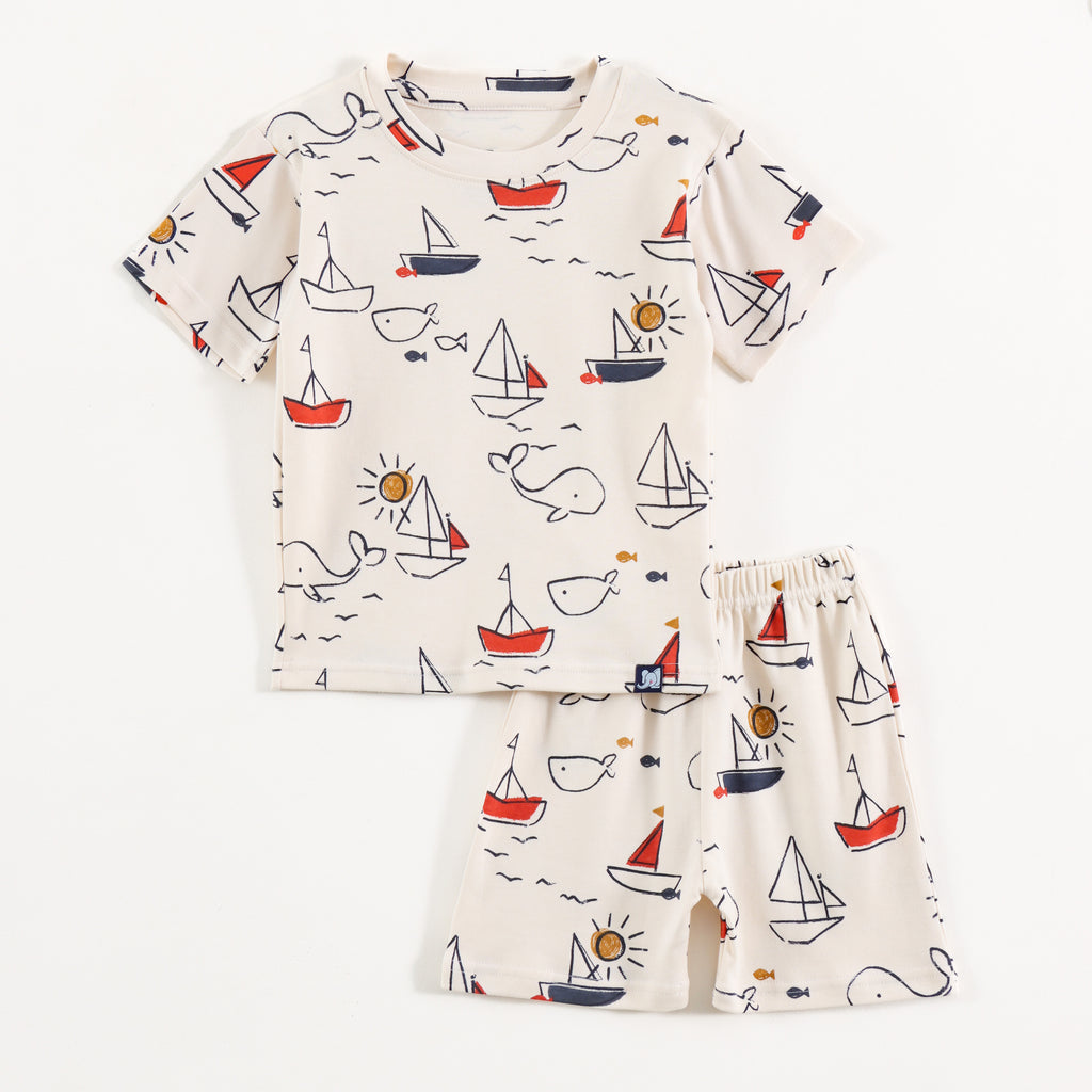 Off White Whale & Sail Boat Print Kids Co-Ord Set