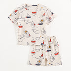 Off White Whale & Sail Boat Print Kids Co-Ord Set