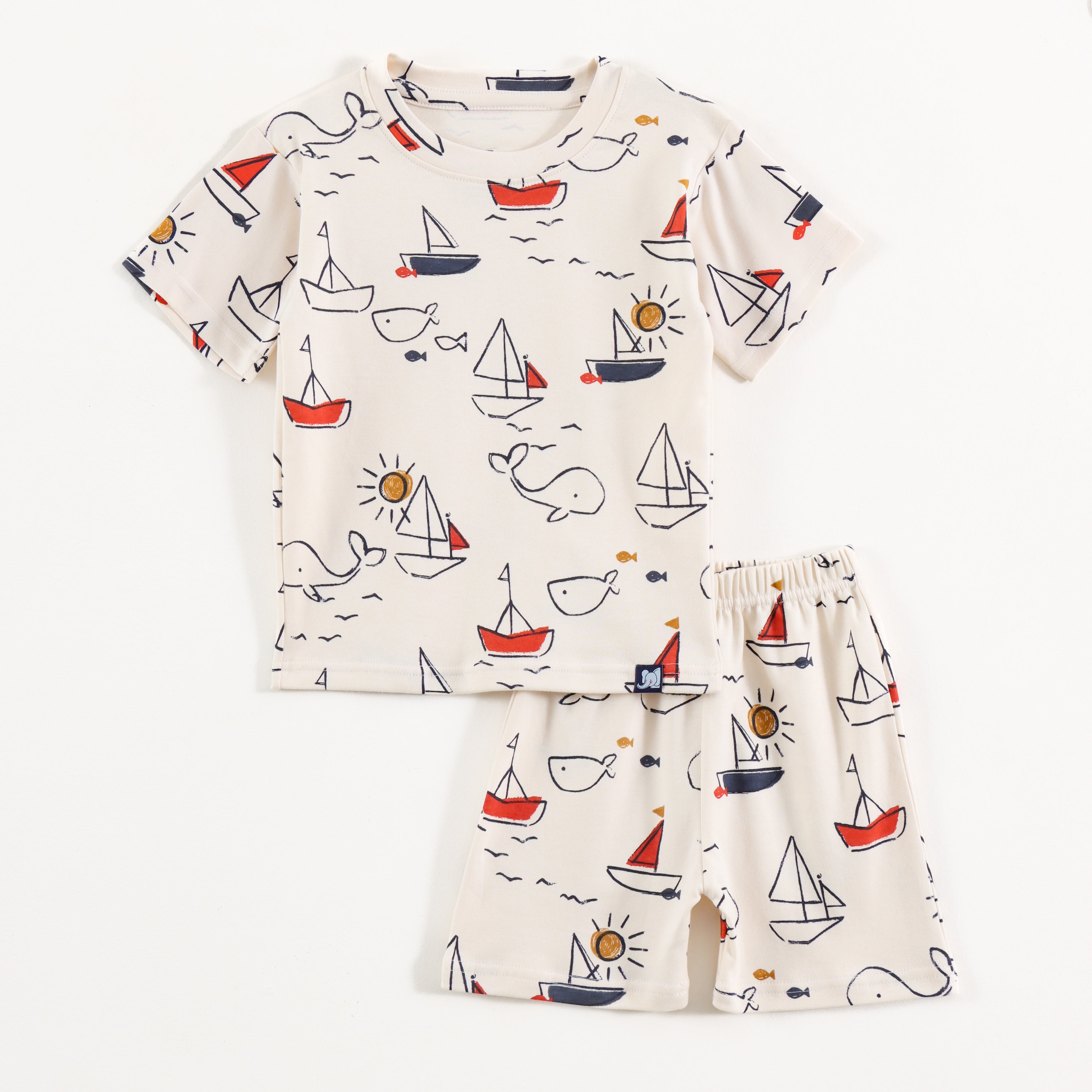 Off White Whale & Sail Boat Print Kids Co-Ord Set
