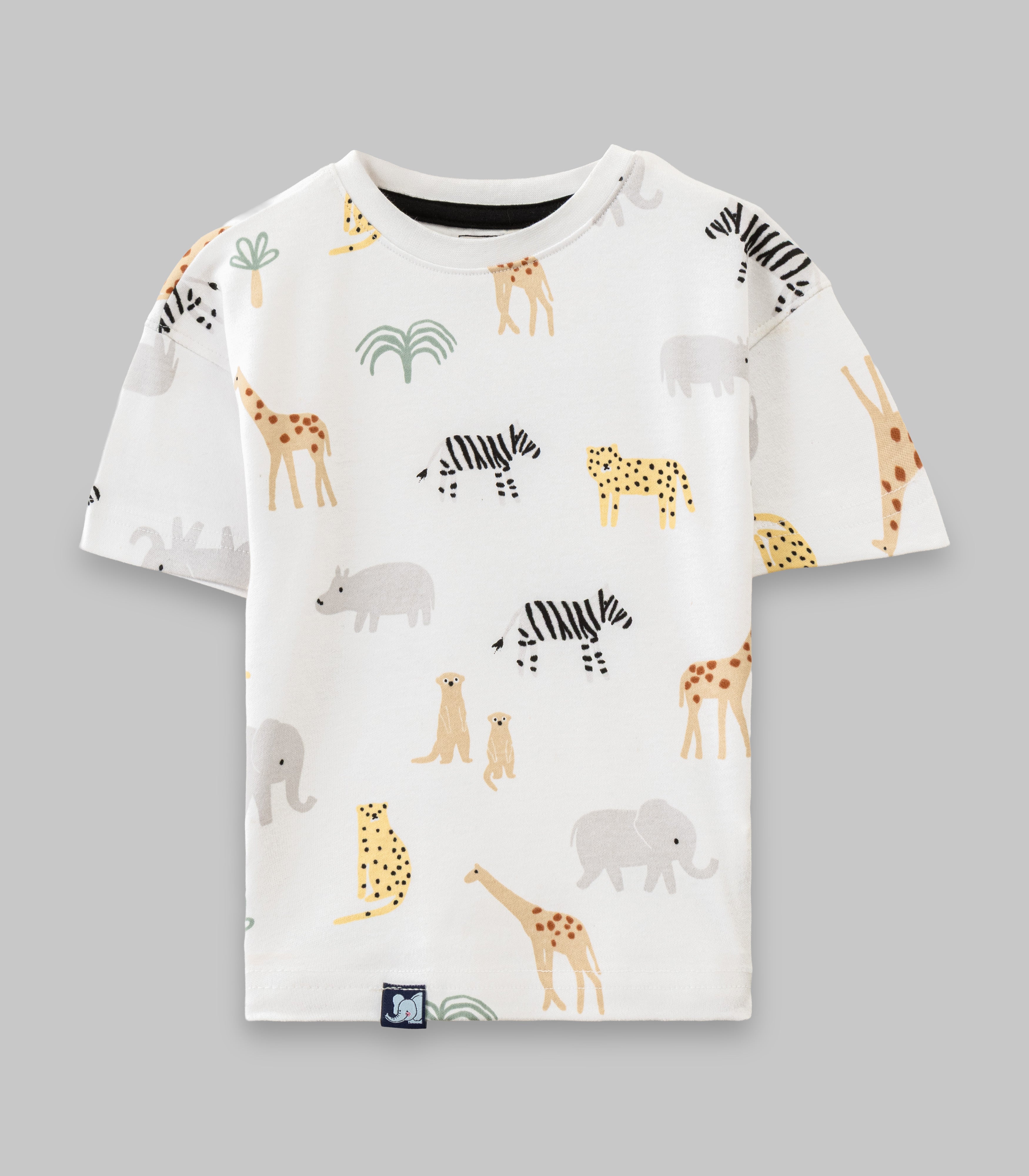 Animals of Jungle Printed White Kids T-shirt