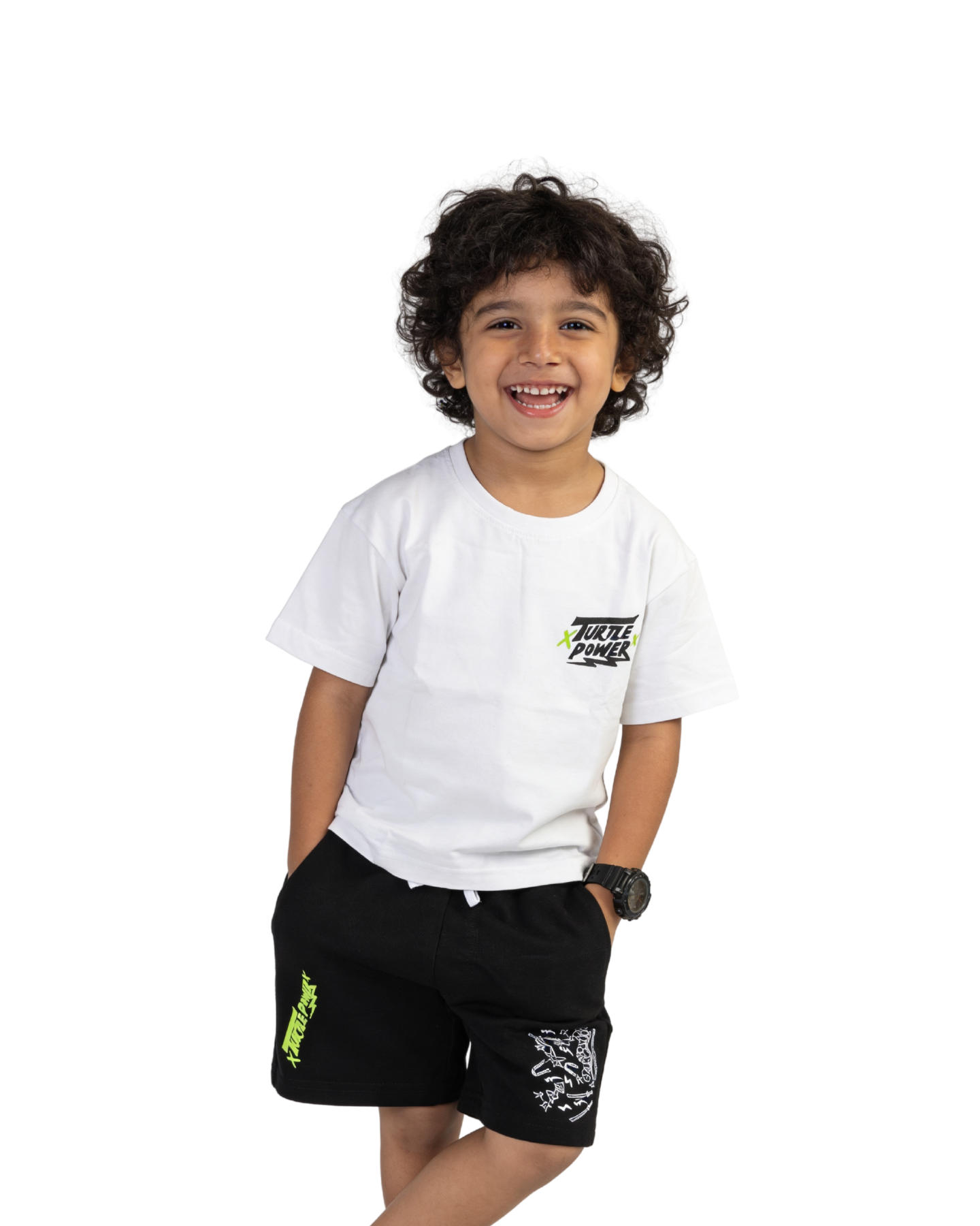 White Turtle Power Kids T- Shirt and Shorts Set