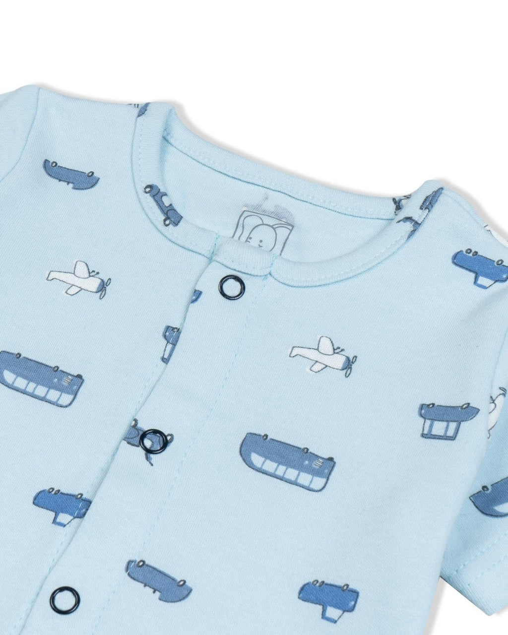 bus printed blue baby pajama set closeup
