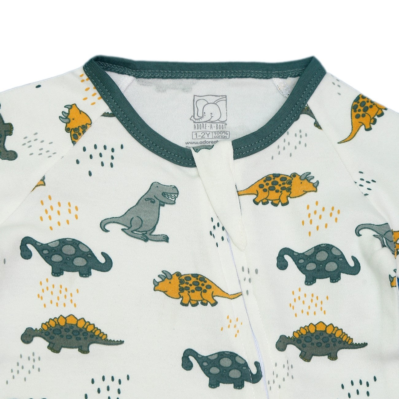 dino printed cotton zipper romper dress closeup