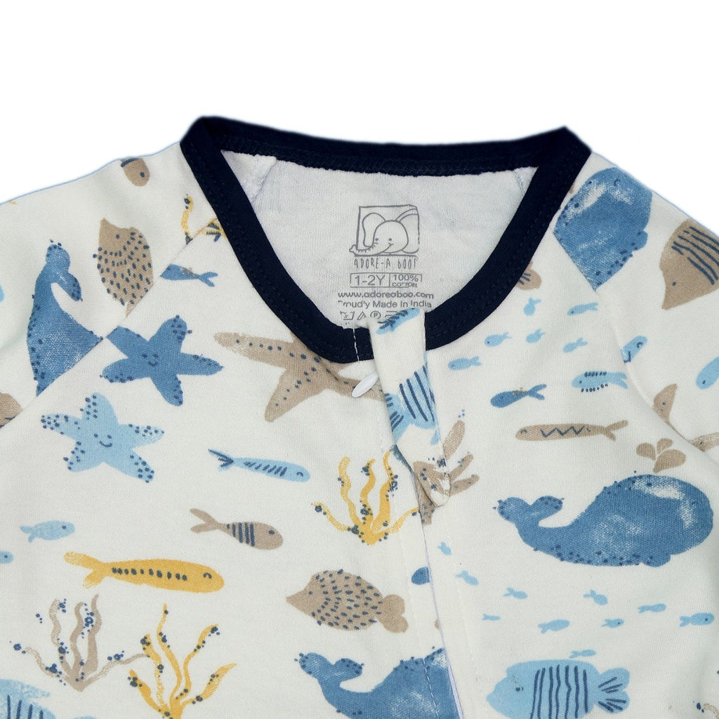 ocean theme baby zipper romper suit closeup