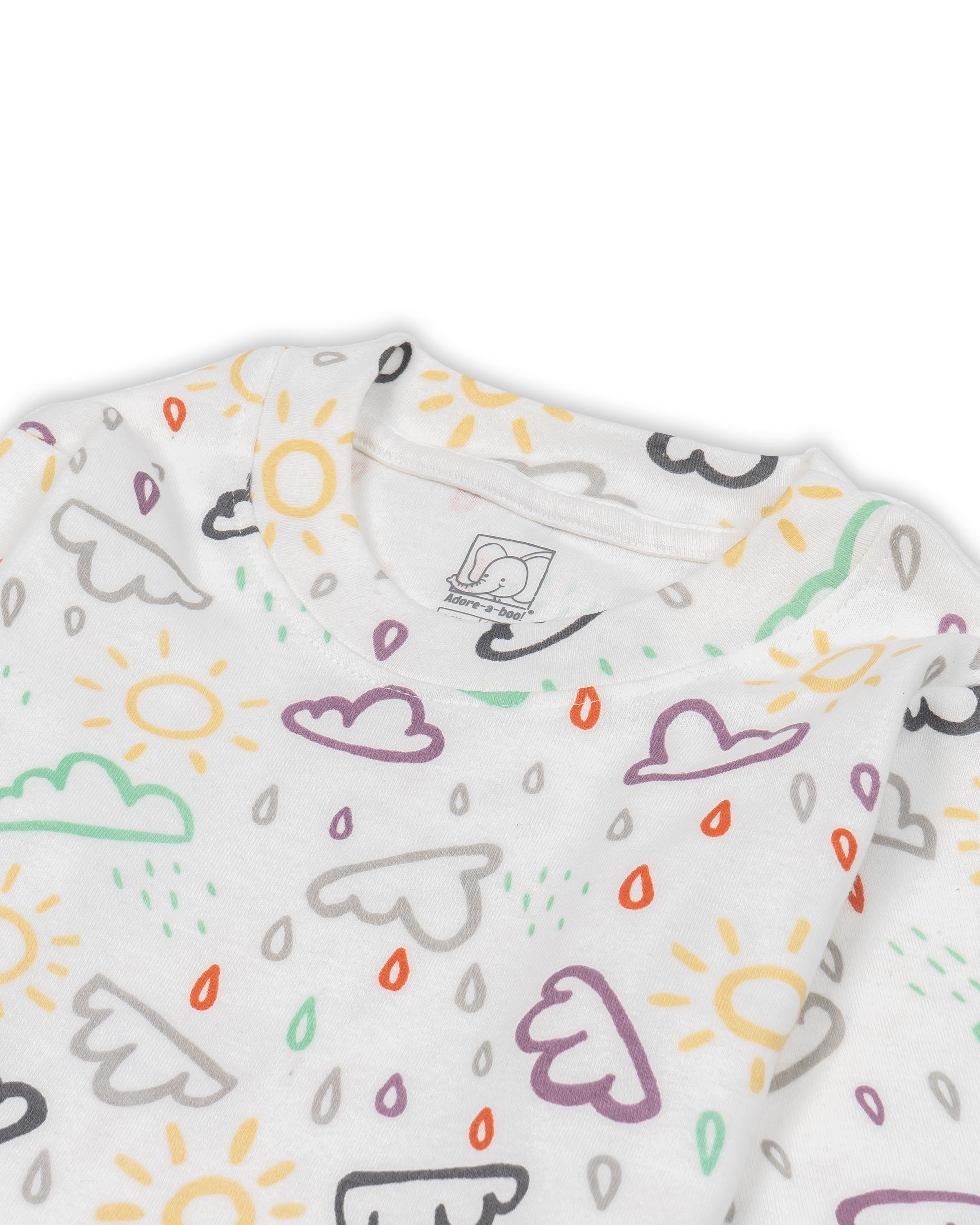 clouds printed full sleeve kids pyjama set closeup