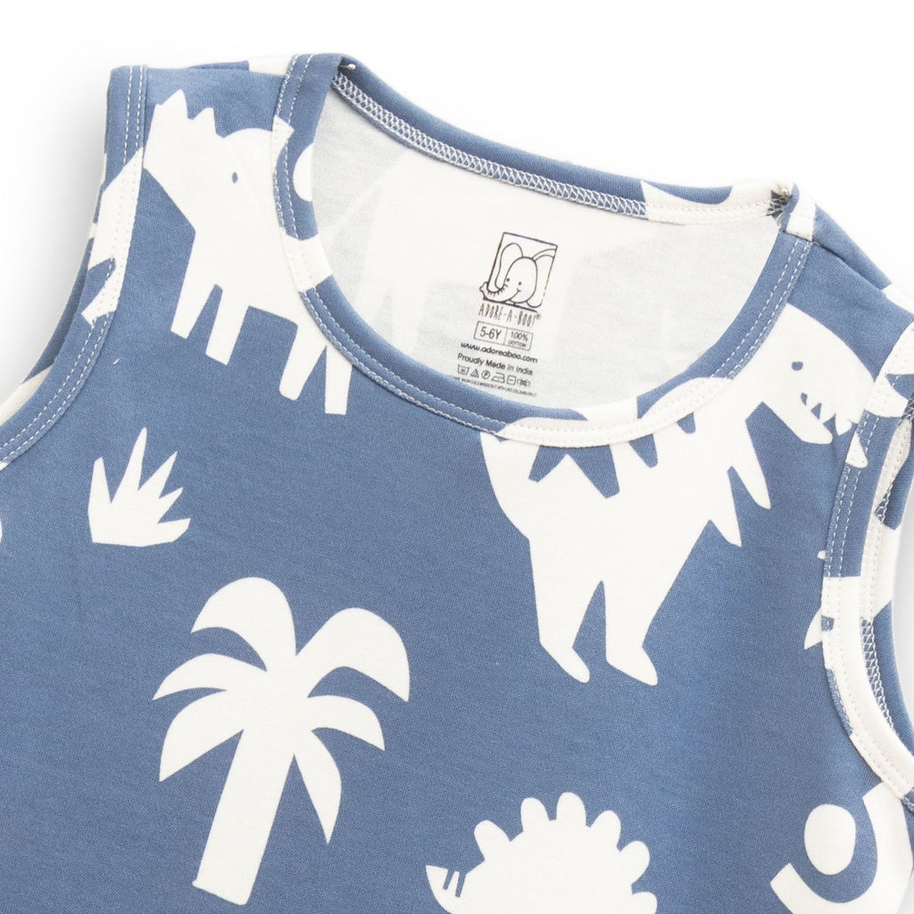 Dinosaur Silhoute Blue Kids Clothing Set closeup