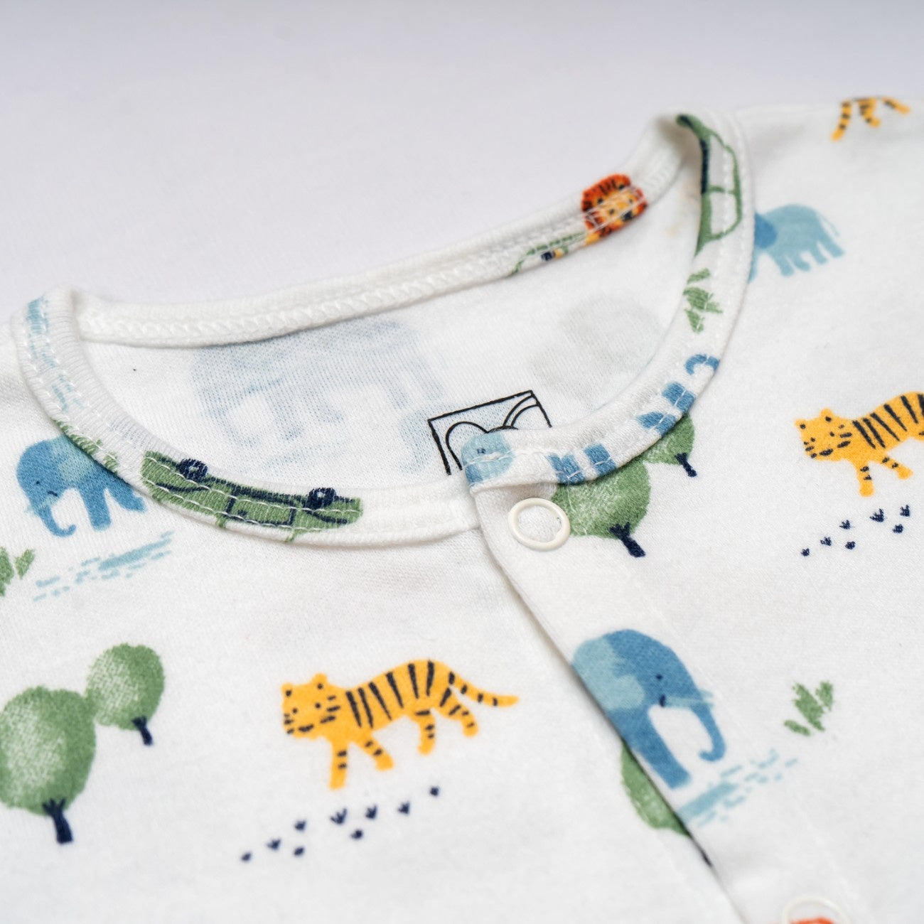 jungle safari printed cotton baby clothes closeup