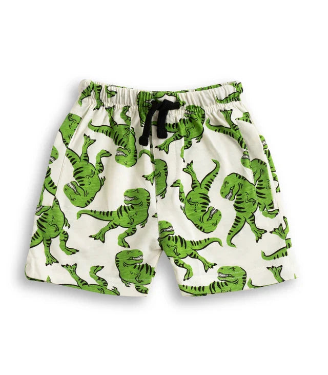 dino printed green kids cotton shorts set