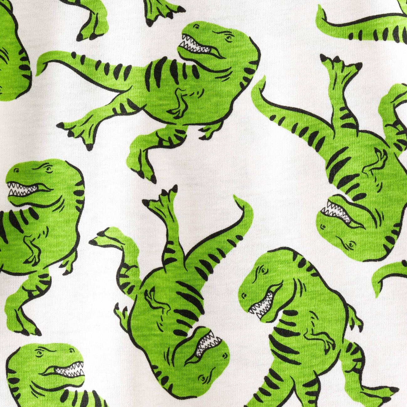 green dinosaur printed kids cotton clothing set closeup