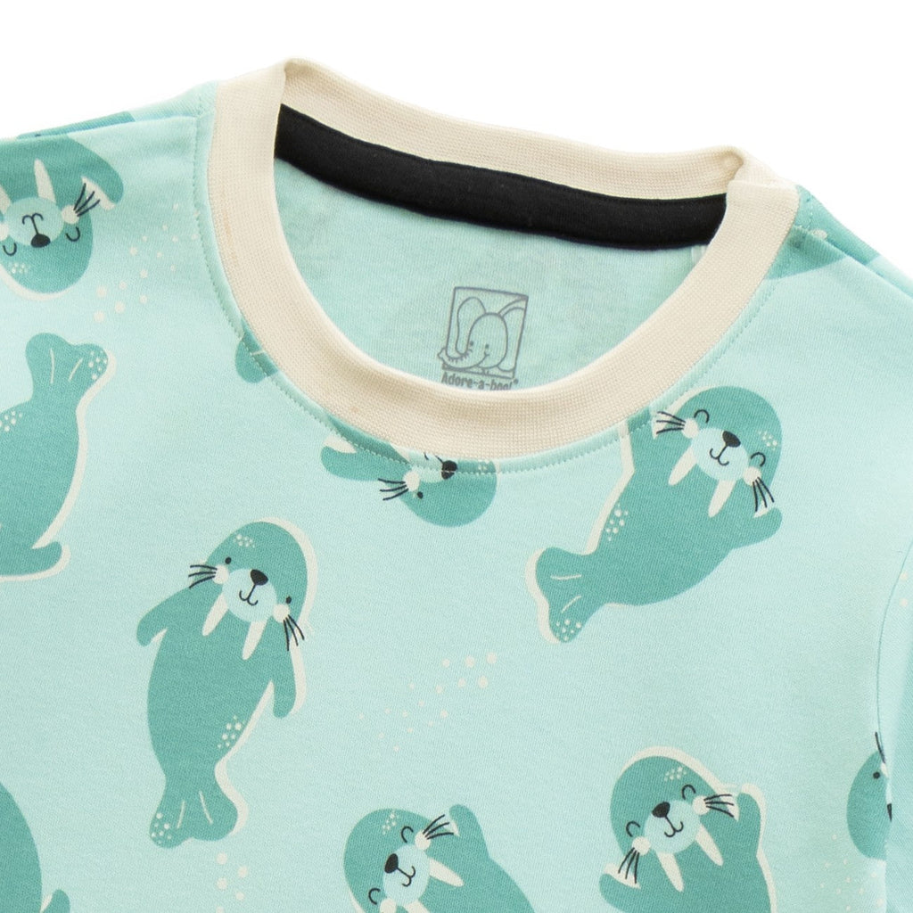 sea walrus printed green kids wear set closeup