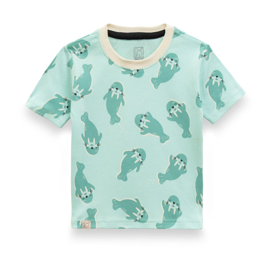 sea walrus printed green kids wear set tshirt