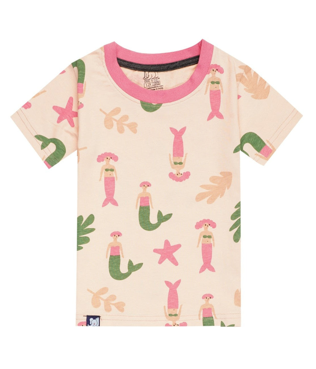 sea mermaid printed peach kids clothing set tshirt