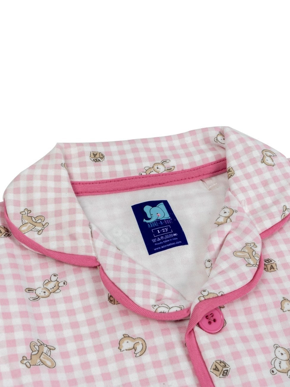 pink checkered kids night dress set