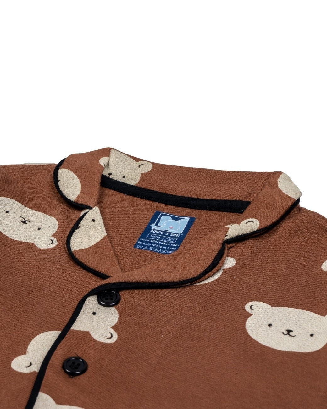 bear printed kids night suit cotton closeup
