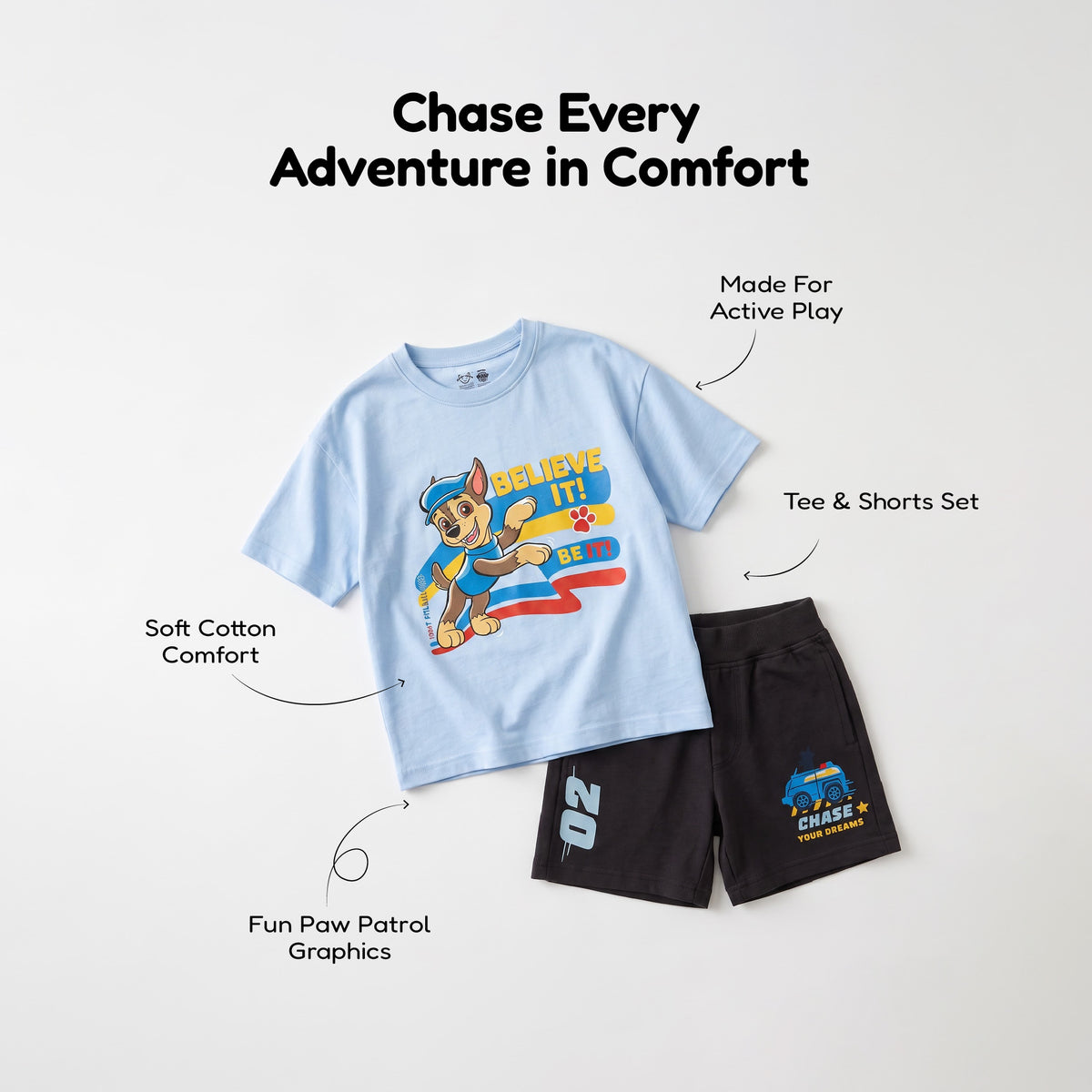 Sky Blue Paw Patrol “Believe It!” Kids T- Shirt and Shorts Set