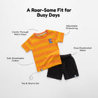 Orange Stripes & Dino Embroidered Kids Tshirt With Shorts