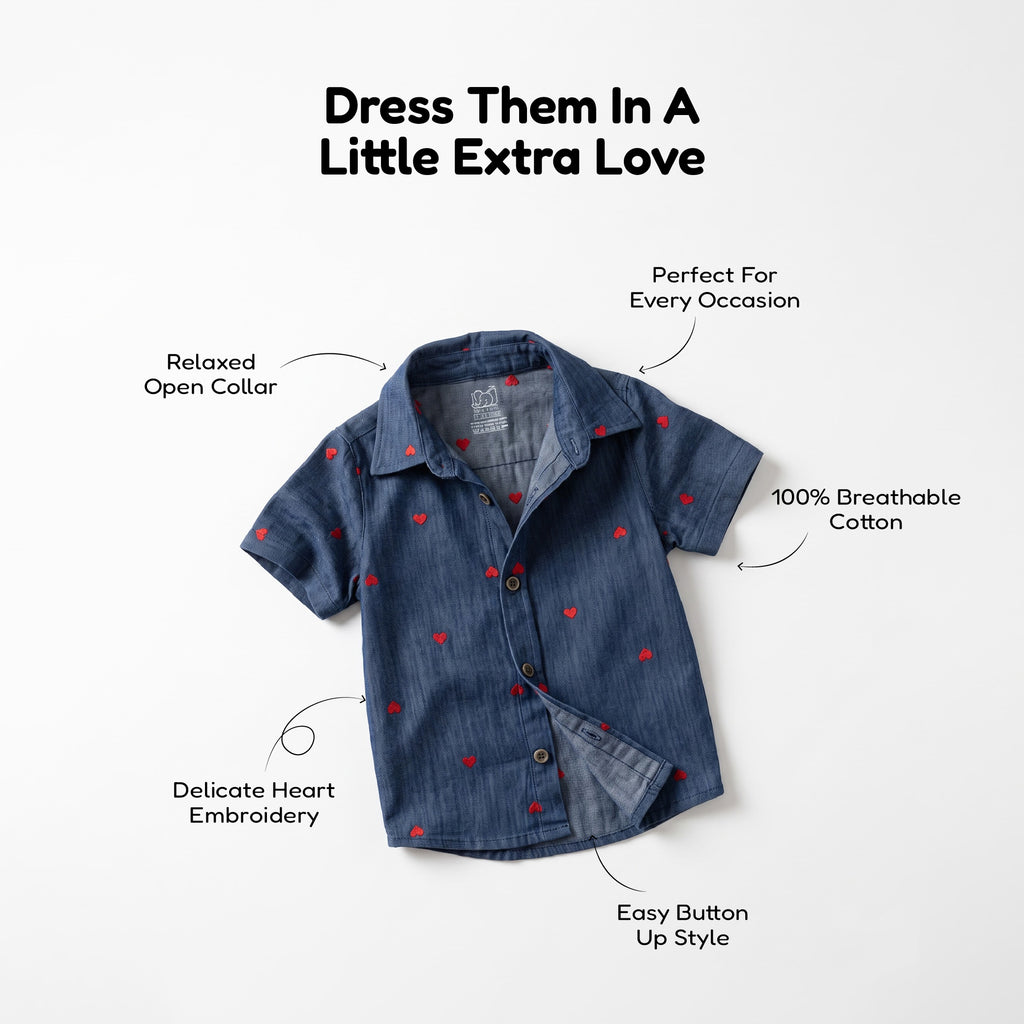 Heart Embroidered Blue Boys Shirt