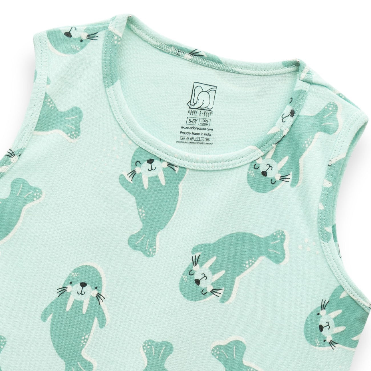 Sea Walrus Printed Green Kids Clothing Set closeup