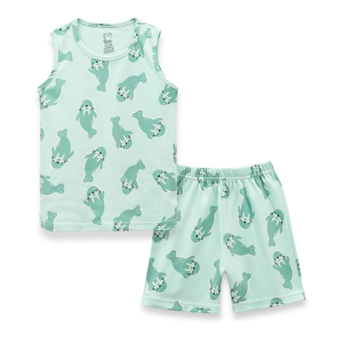Sea Walrus Printed Green Kids Clothing Set front